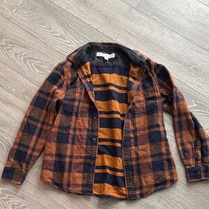 Old Navy Men's Navy and Orange Plaid Shirt